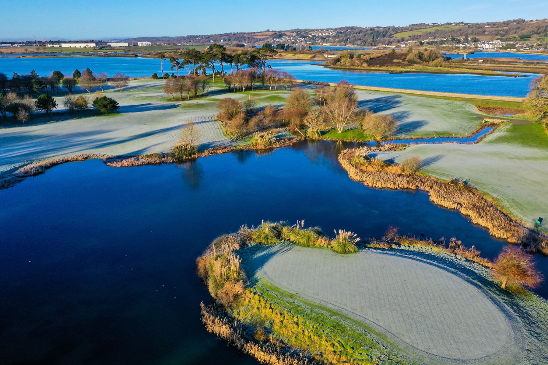 Drone image of frost adorning the fairways