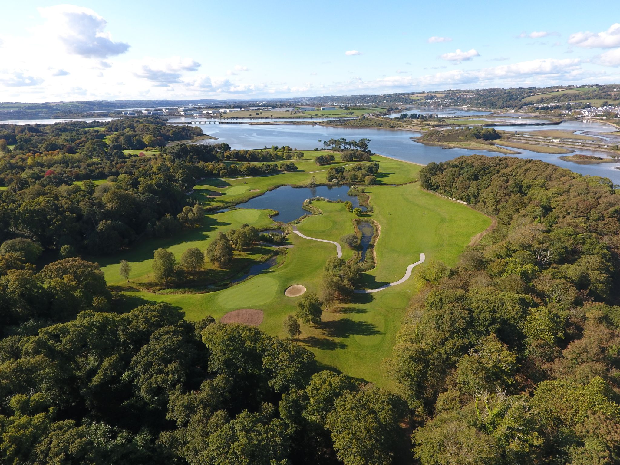 Drone image of golf course, over looking the sea