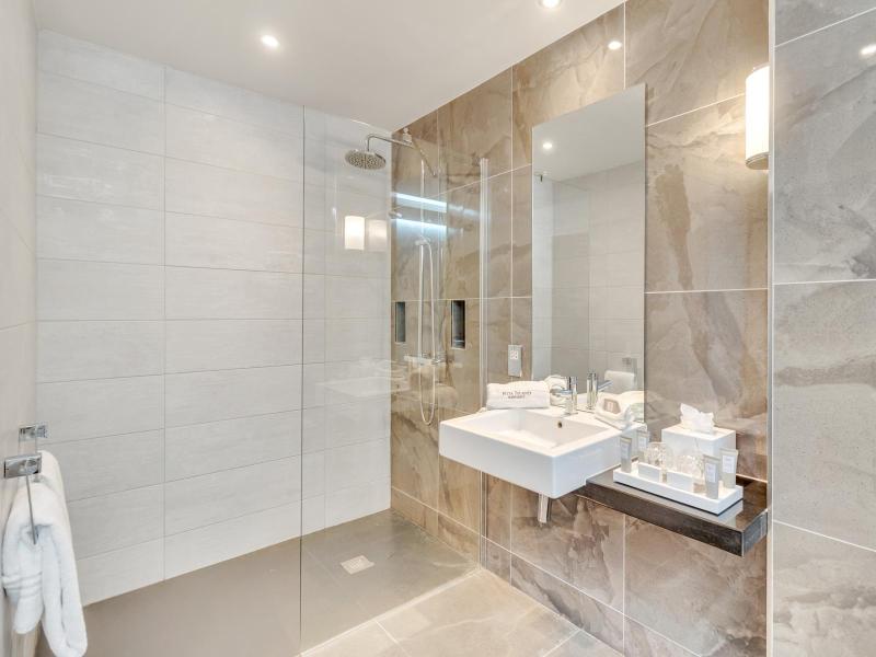 Deluxe King room image - bathroom image of walk in shower and sink