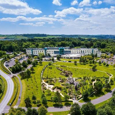 Drone image of the hotel and oriental garden at Fota Island Resort