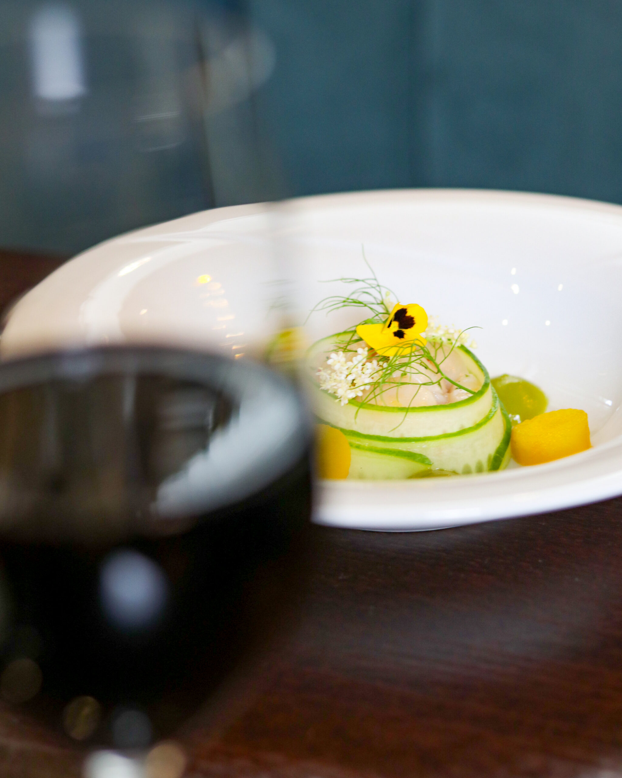 Dish served with wine at fota restaurant