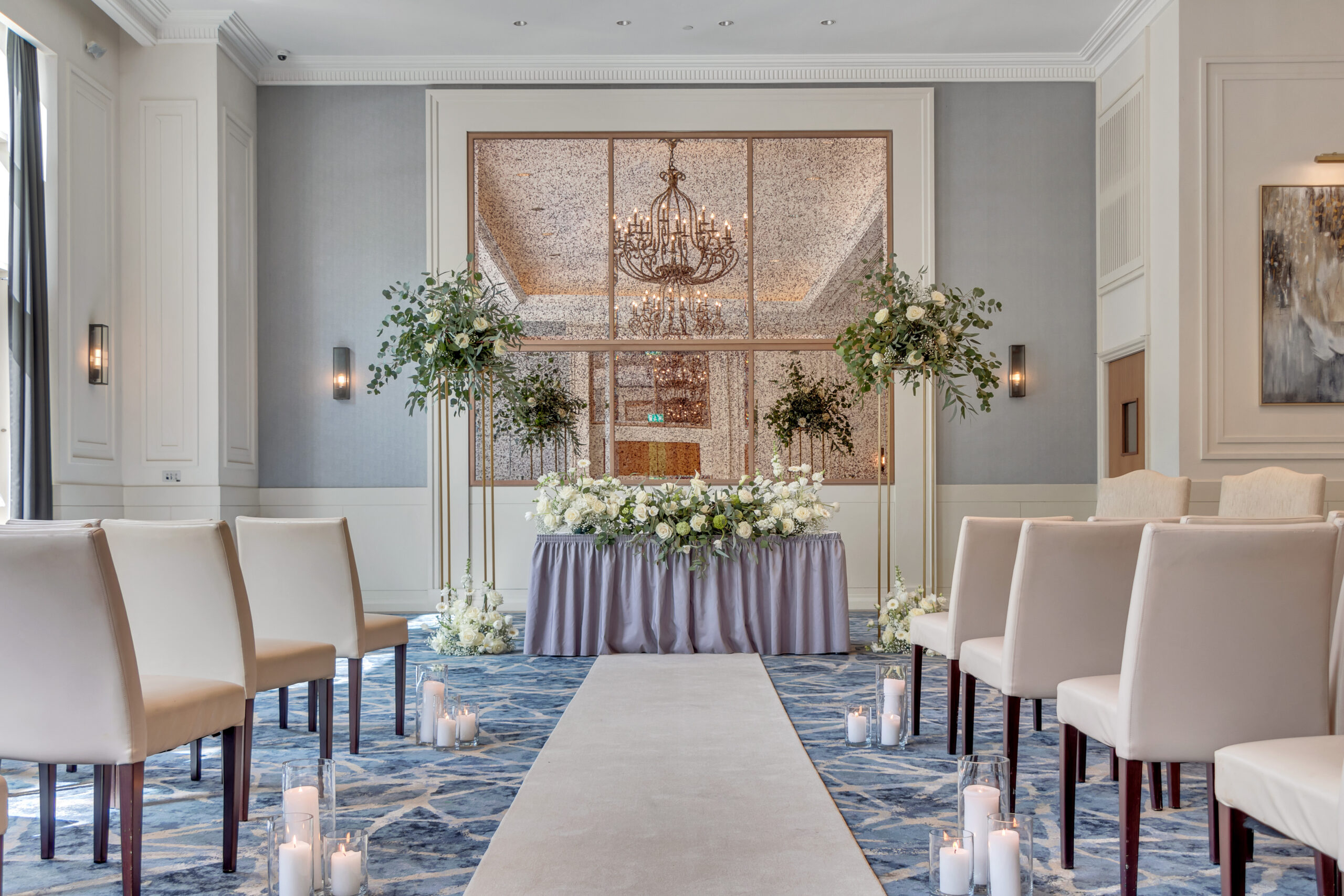Wedding ceremony setup at Smith Barry ballroom